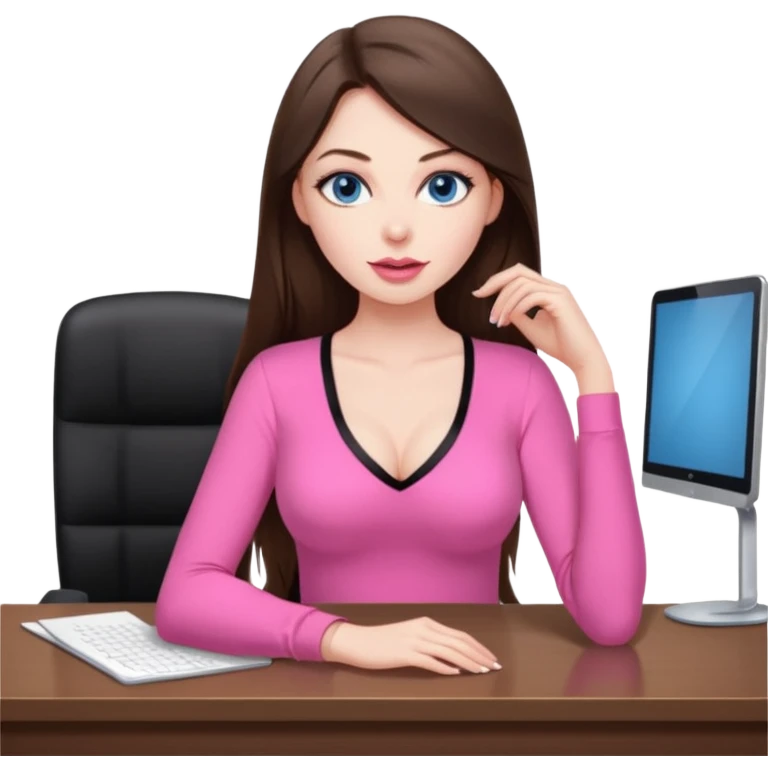 sexy woman brunette, very large breasts, pale skin, blue eyes, long brown hair, tight pink low cut  blouse, big pink lips, short black skirt. at desk emoji