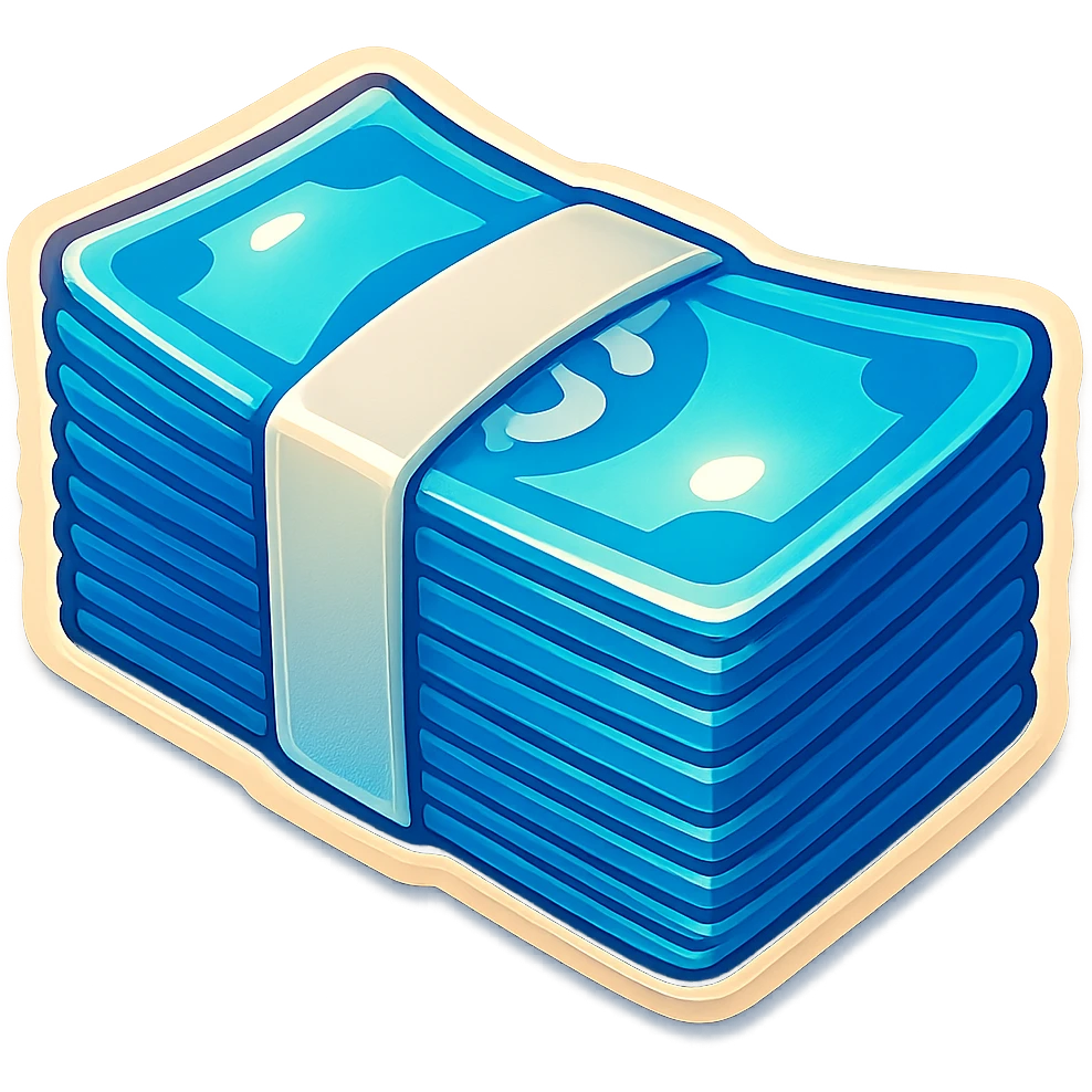 a massive bound stack of blue-and-white banknotes, bills,, 90s futuristic emoji