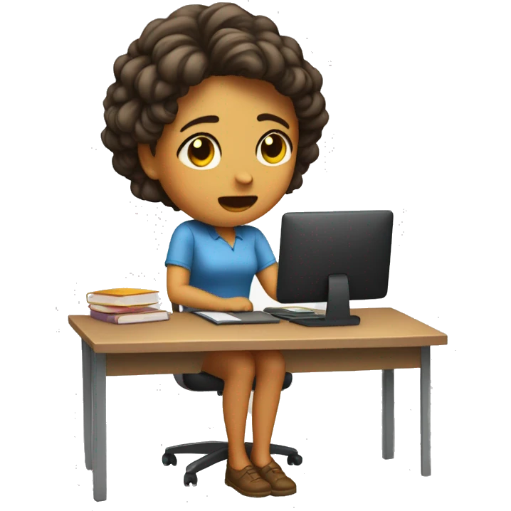 girl frusturated at her desk with hands on her head. full body with the desk included emoji