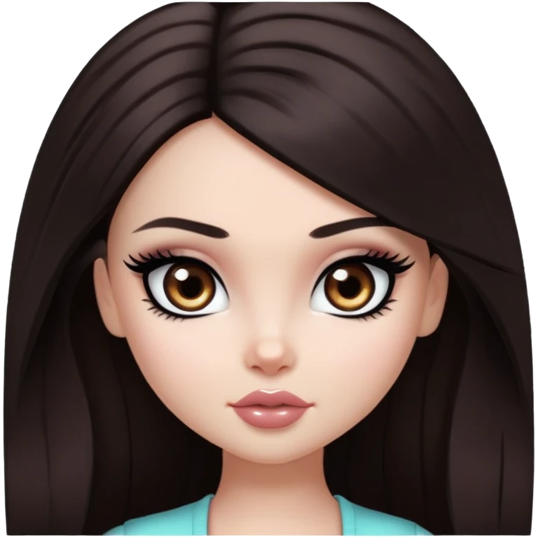 pretty bratz girl, long dark brown hair, dakr brown eyes, black eyeliner, pale skin emoji