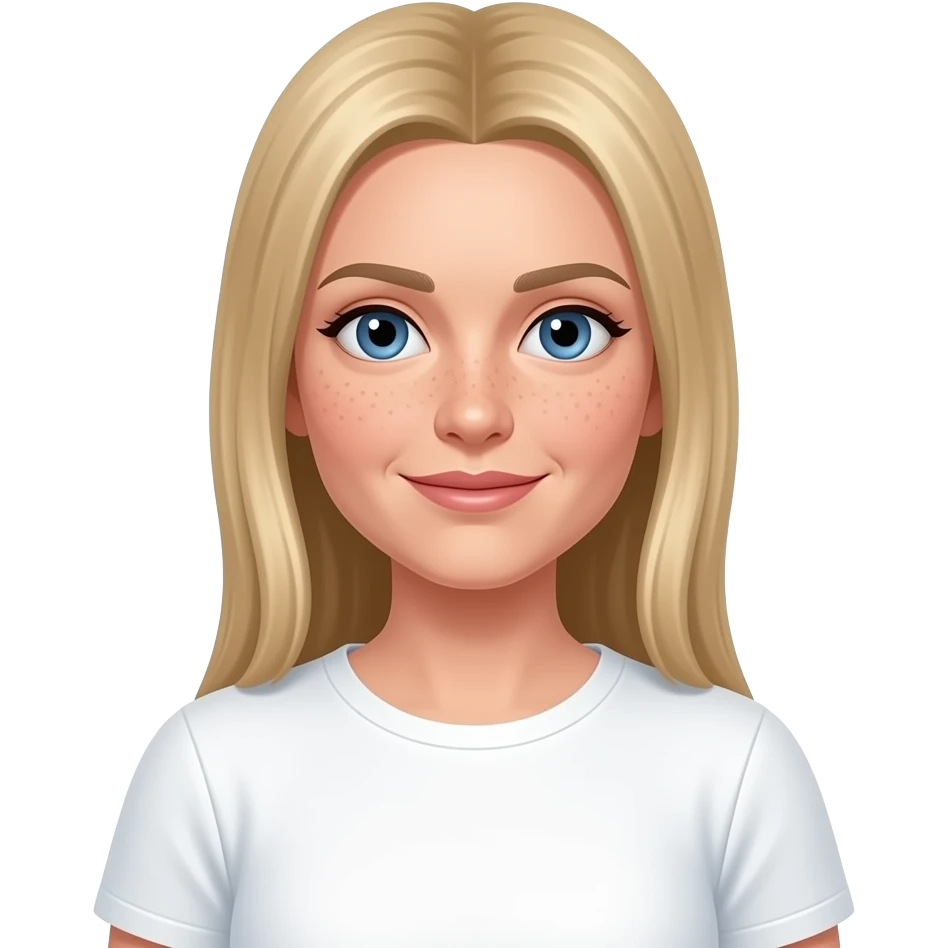 40 year old woman with blue eyes, pale skin with freckles, thin face with large forehead,  and long, straight, blonde hair with middle parting wearing a white t-shirt emoji