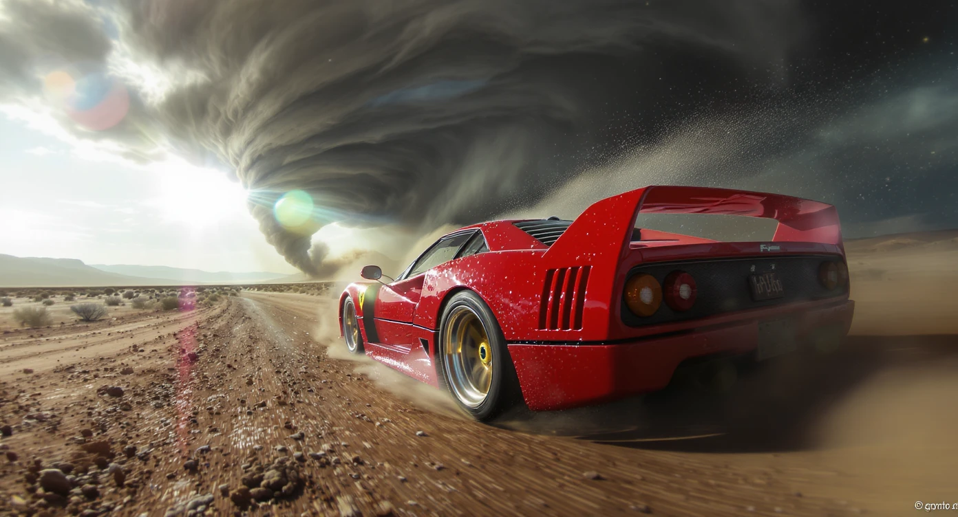 Cinematic still of a ferrari f40 around tornado od arizona desert, sun flare, captured by gopro hero with effect fisheye, water drops on car body, detailed, inspired by interstellar look emoji