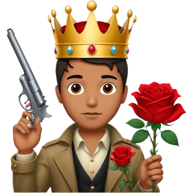 Мужчина с короной на голове, в одно руее роза в другой револьвер emoji