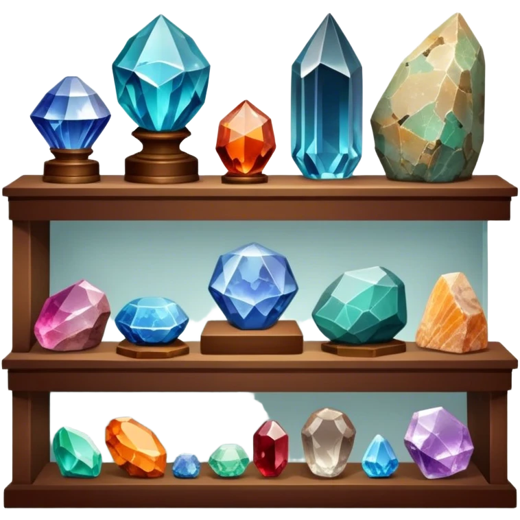 Icon for Mineral, Stone & Fossil Collecting: a display of various colorful minerals, gemstones, and fossils, arranged neatly on a table or shelf. The icon should reflect the beauty and scientific interest of collecting natural specimens. Transparent background. emoji
