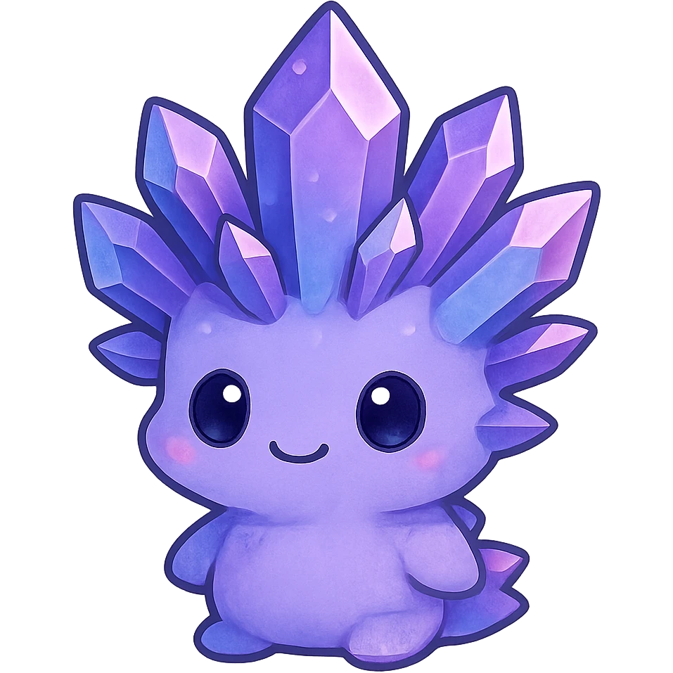 chibi kawaii style crystal sprite creature, purple, blue, and pink colors, cute and small emoji
