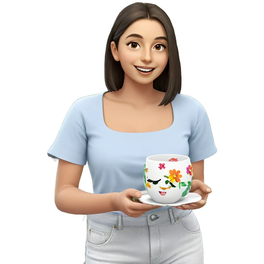 smiling girl with flower cup emoji
