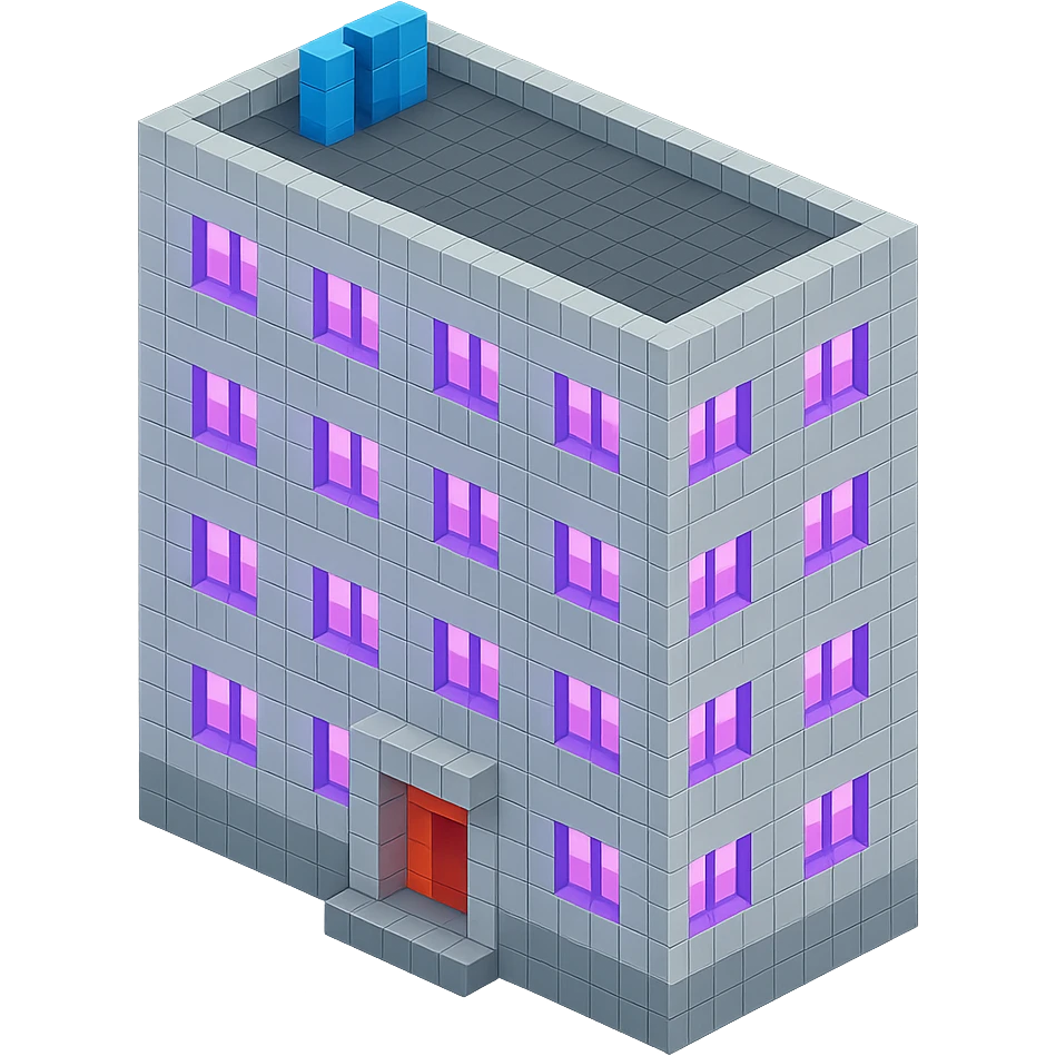 Russian panel apartment building, modernized square block, light gray, ultraviolet glowing windows, isometric view emoji