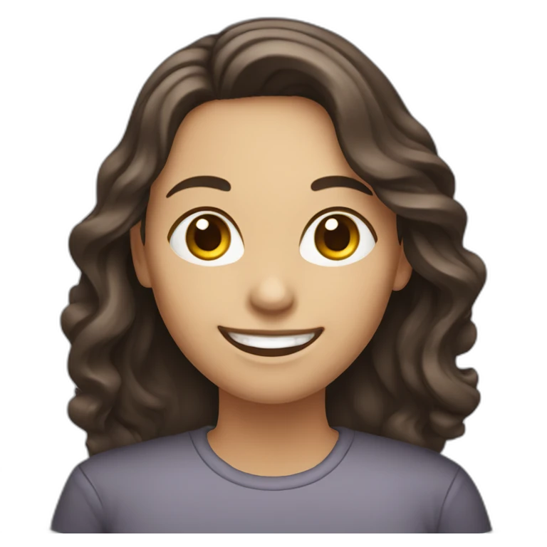 smiling woman with wavy long dark brown hair, typing on a silver laptop emoji