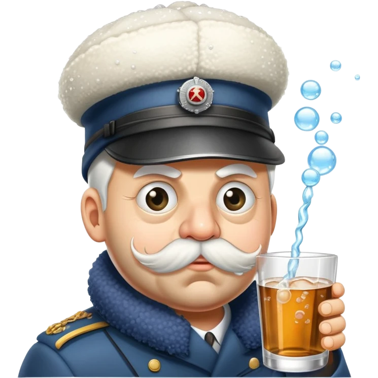 A very drunk locomotive train wearing a tilted ushanka hat, with crossed eyes, hiccuping vodka bubbles, spilling drink emoji