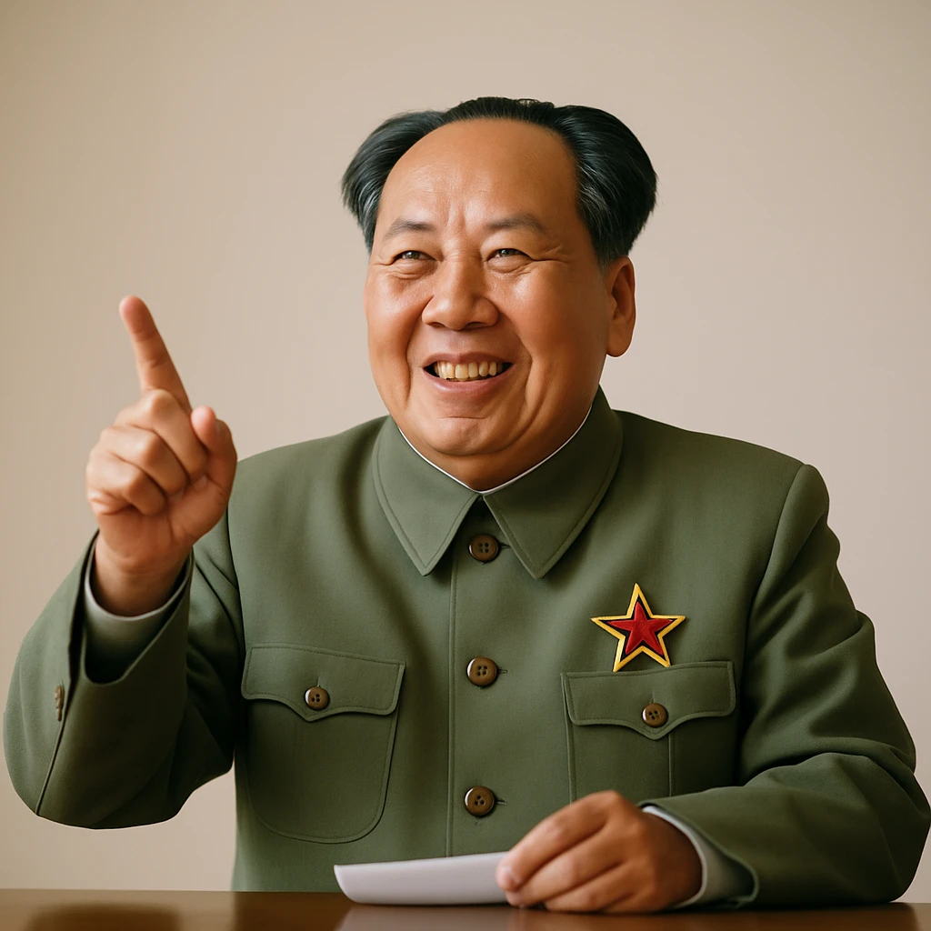 Make Mao Zedong smile, keep photorealistic style, giving a speech, neutral background. emoji
