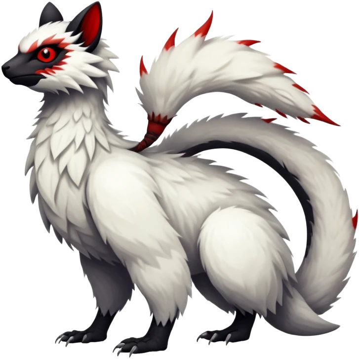 a white exotic edgy vernid-fionbr-Fakémon-creature, with black belly and red eyes, full body emoji