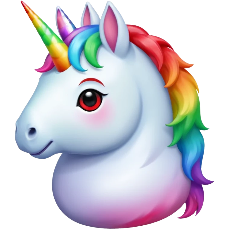 Small chubby unicorn in colour jade, black and red eyes, faring rainbow emoji