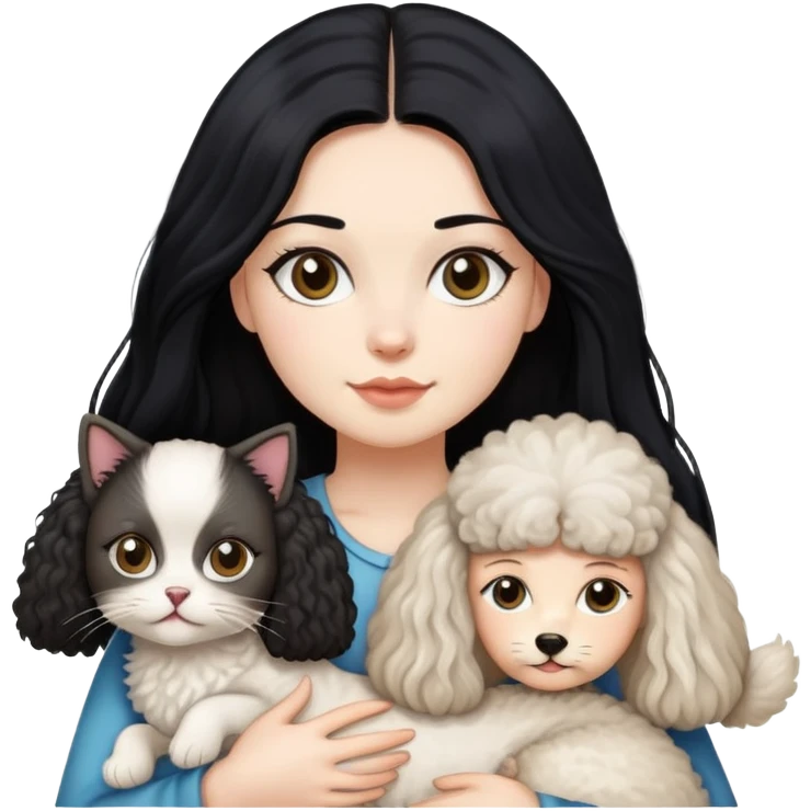Lady with long black hair, with a Ragdoll cat and a small poodle  emoji