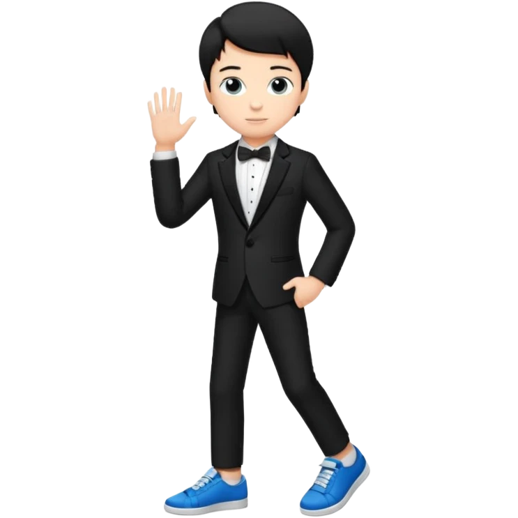 generate a pretty bratz fair skinned boy with short black hair wearing a black tux with blue sneakers emoji