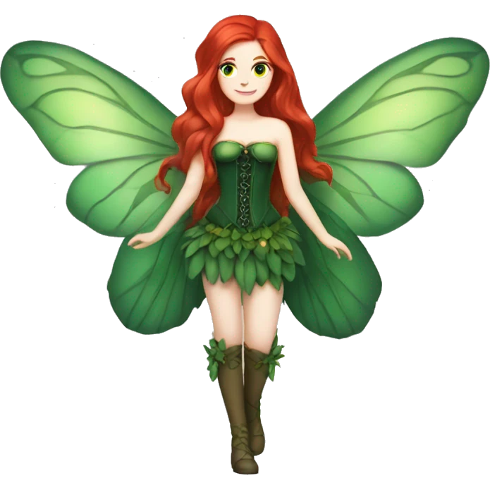 Fairy with long red hair pale skin deep green wings and green corset emoji