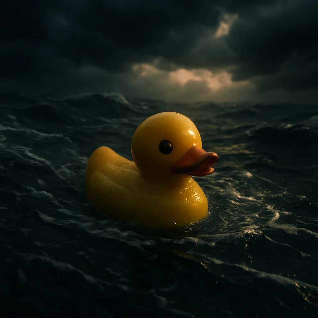 Cinematic still, Extreme Closeup shot of Yellow duck toy on ocean during storm, Camera from top, inspired by interstellar emoji