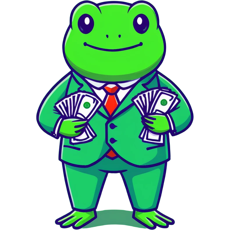 frog character in a fancy green suit holding money emoji