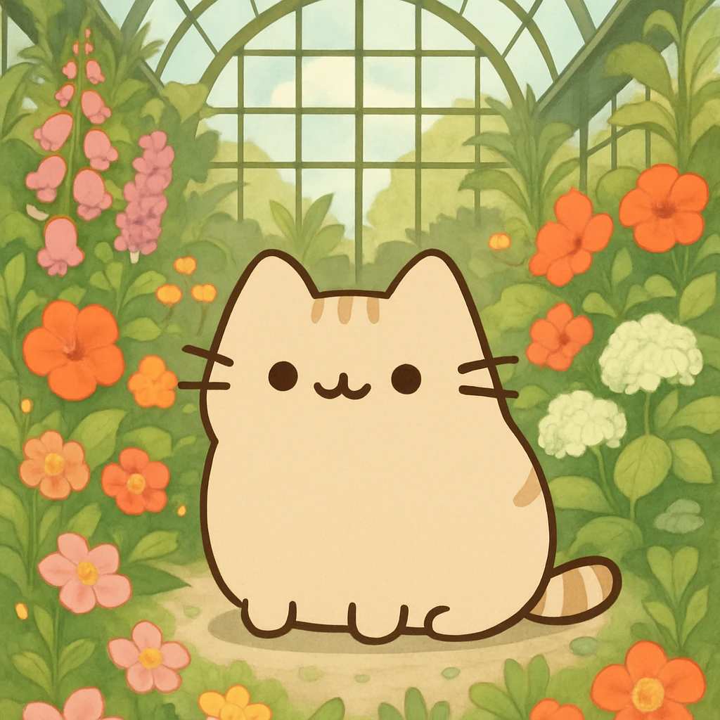 beige blonde kawaii pusheen-style kitten in a botanical garden greenhouse filled with flowers emoji