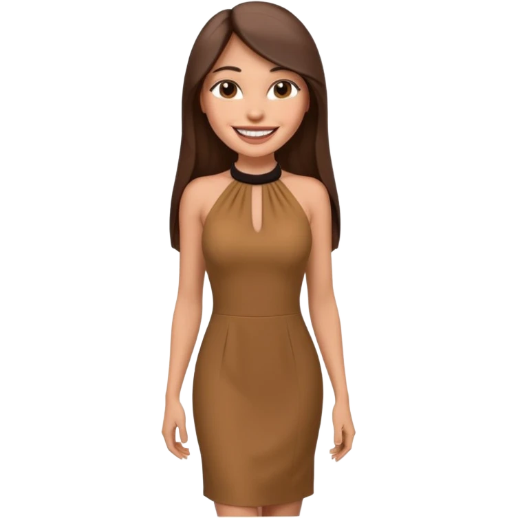emoji-style illustration of a stylish pretty big smile woman with long straight brown hair, wearing a dark halter neck dress, elegant and chic slayed look, front-facing, soft 3D cartoon rendering, plain background emoji