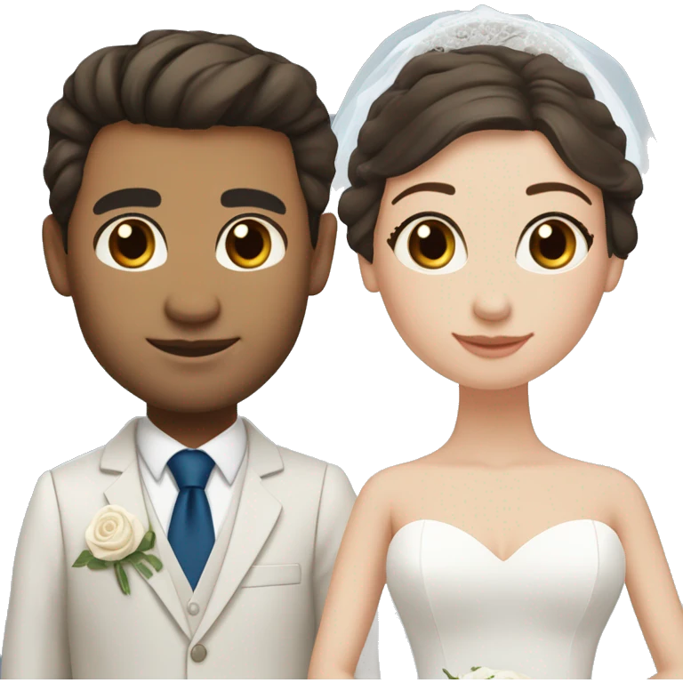 Bride with pale skin, dark brown hair & blue eyes standing with Groom with olive skin, dark brown hair and brown eyes emoji