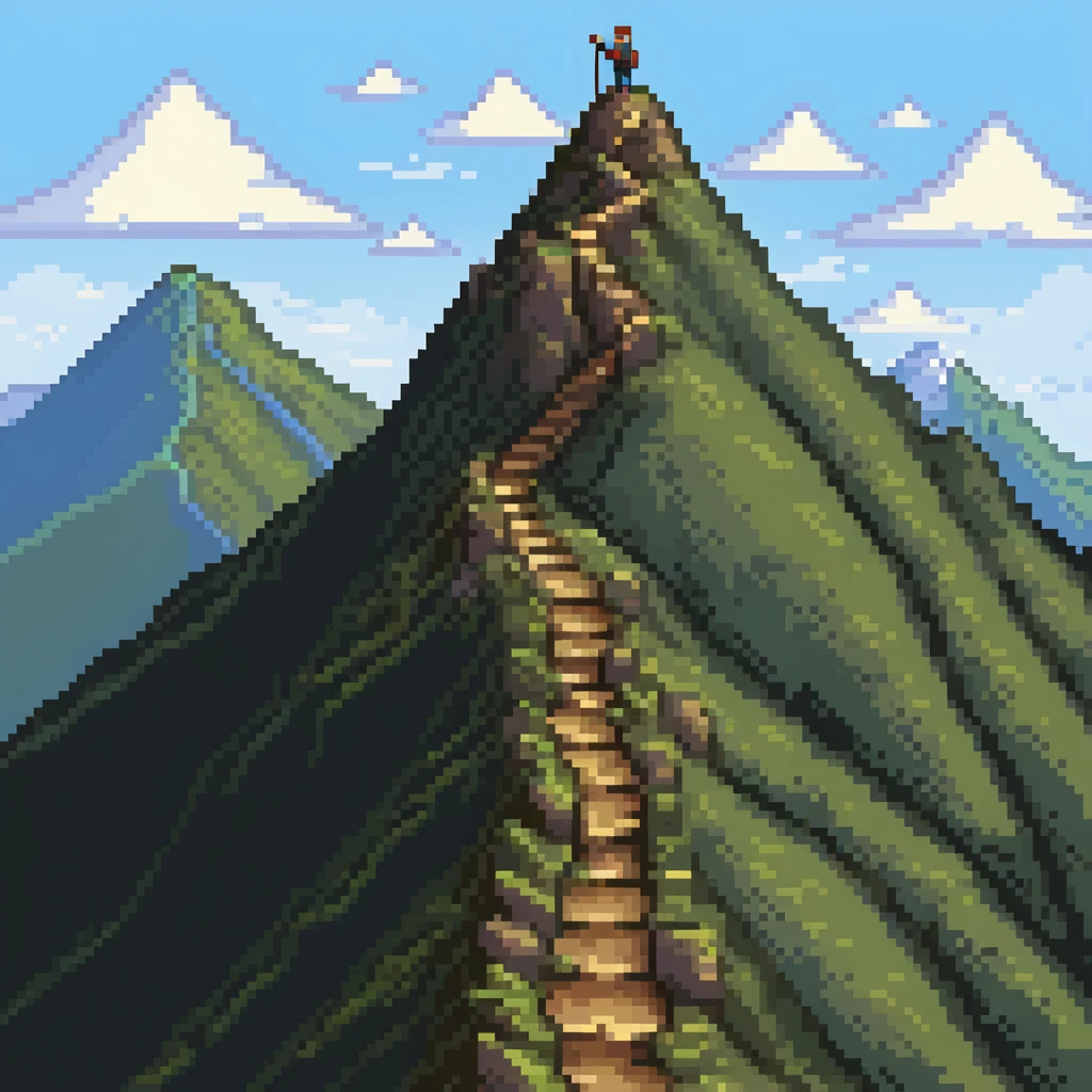person traversing down one mountain and up another mountain, showing path through a valley emoji
