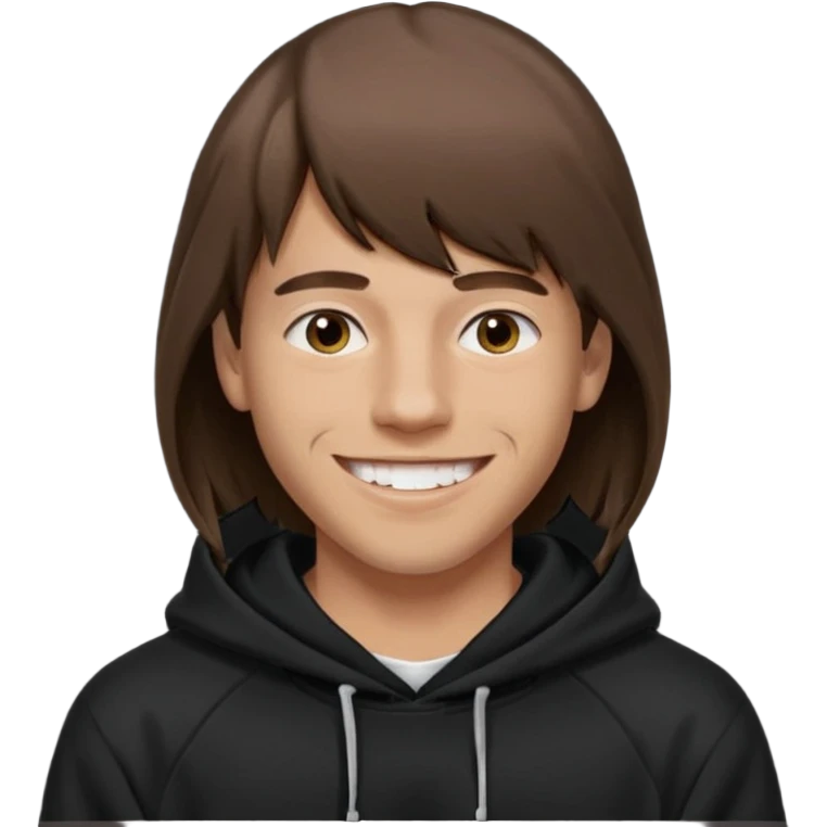 20 yr old man, brown hair, straight, big smile, white teeth, tanned skin, bangs, black hooded sweatshirt, long hair in back, center-parted bangs emoji
