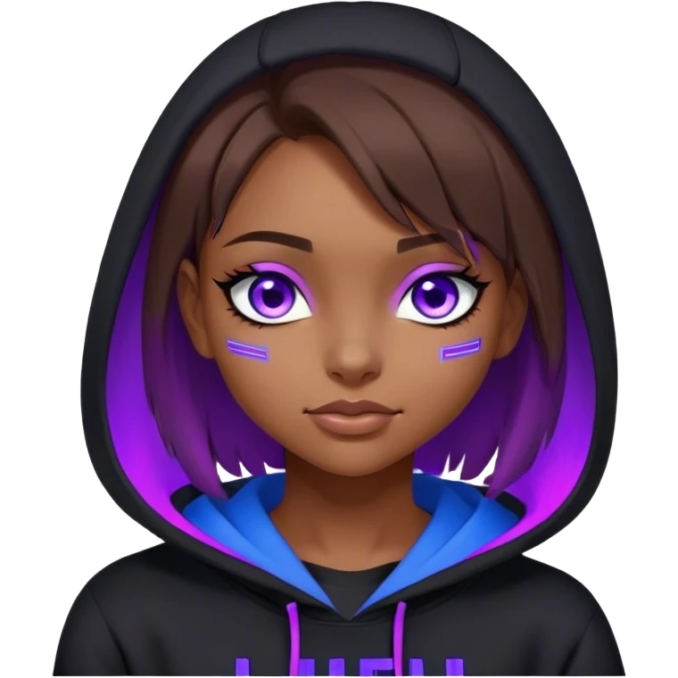 brown haired girl with a bob blue eyes wearing black hoody with violet letters "Lu", winks with one eye. Cyberpunk style. Violet neon. emoji