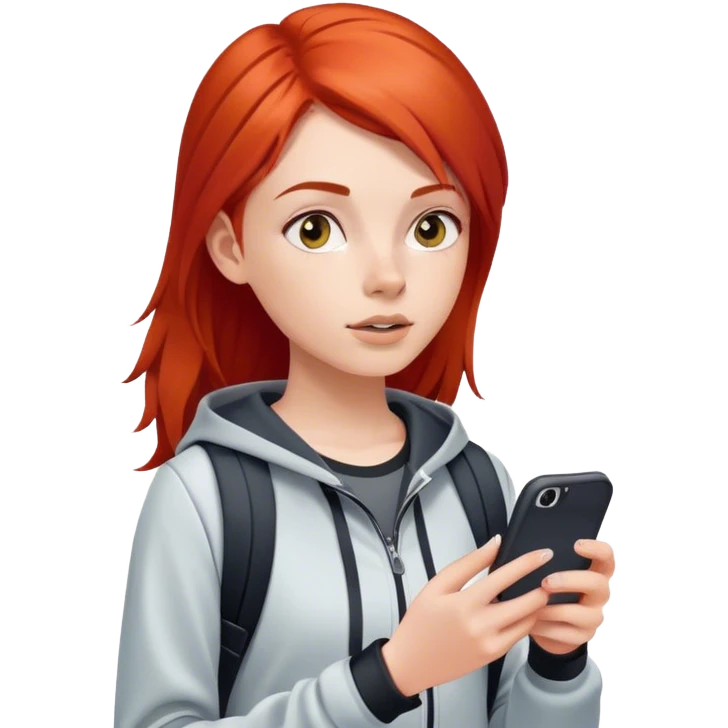 teen tourist girl in modern sports clothes, red hair  and cell looking up emoji