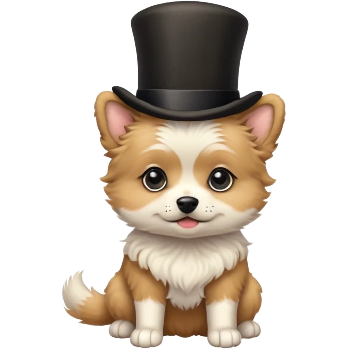 cute small dog with plain light tan fur, black nose, black round eyes, curly fluffy medium length hair, wearing a top hat emoji
