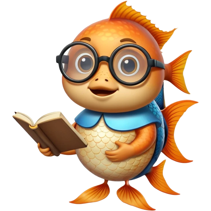 a fish with round glasses stands upright and holds a book in its fin emoji