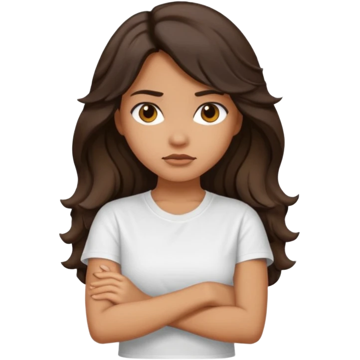Tan girl dark long wavy hair crossing her arms with slight pout emoji