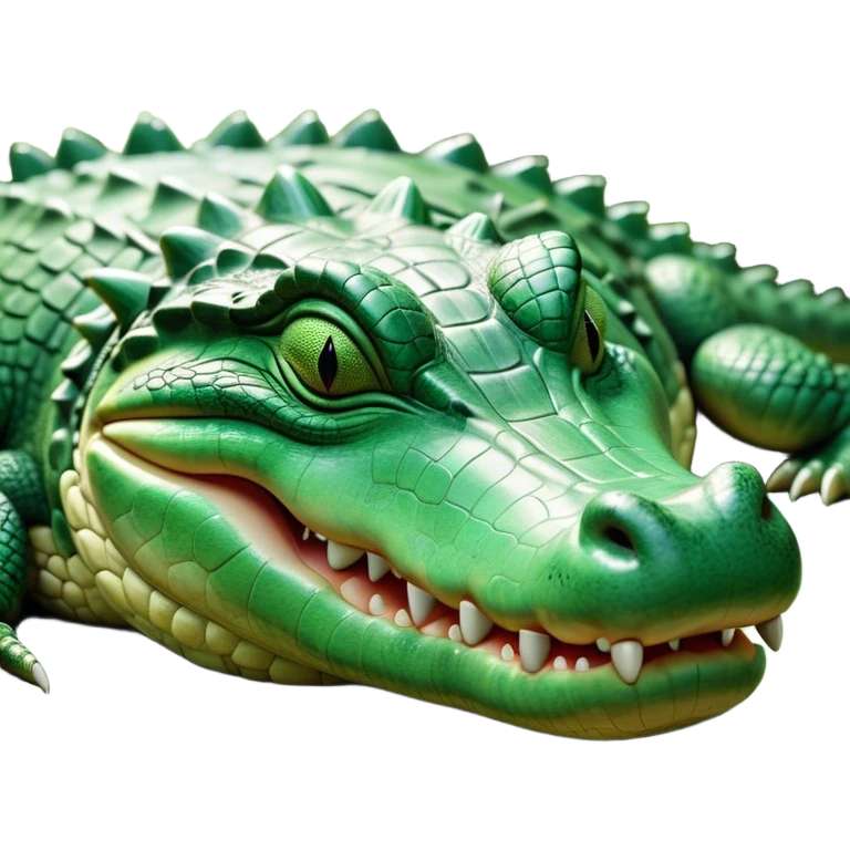 Meme-Worthy Cute Sleeping Crocodile Portrait Emoji, Head resting peacefully with a contented smile, showcasing a robust, powerful build and a luxuriously soft textured emerald-green hide, eyes shut in a serene, restful nap, Simplified yet hilariously adorable features, highly detailed, glowing with a soft, drowsy light, high shine, relaxed and utterly lovable, stylized with an air of playful laziness, bright and heartwarming, soft glowing outline, capturing the essence of a comically sleepy crocodile, so meme-worthy it feels like it could instantly become the next viral sensation of adorable reptilian slumber! emoji