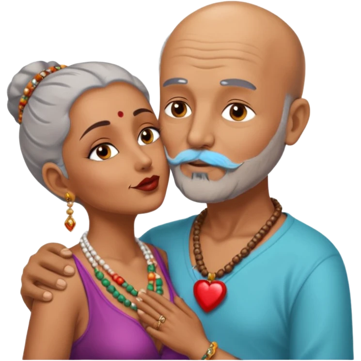 A man in his 60s balding with a grey beard passionately kissing the vagina  of an Indian woman in her 40s wearing a beads chain with here cleavage visible and embracing the man emoji