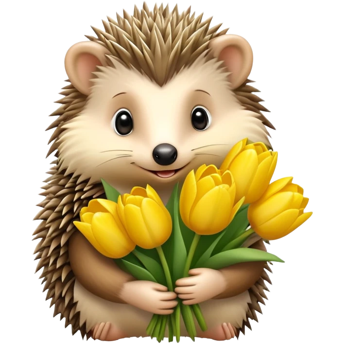 cute hedgehog holding a bouquet of yellow tulips emoji