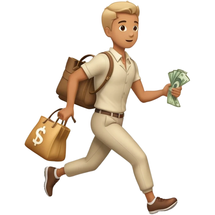 Man in costume, holding a bag money, side view, male, running away emoji