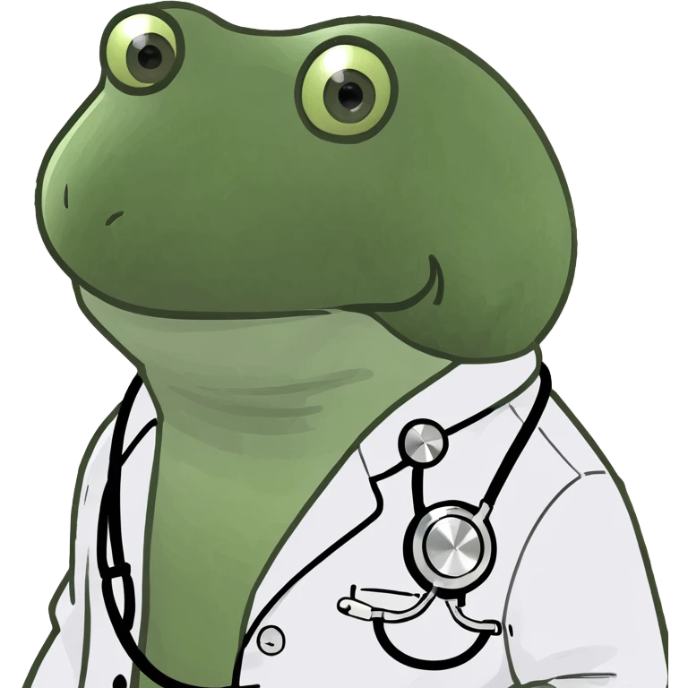 bufo frog meme style wearing a lab coat and stethoscope, pharmacology theme emoji