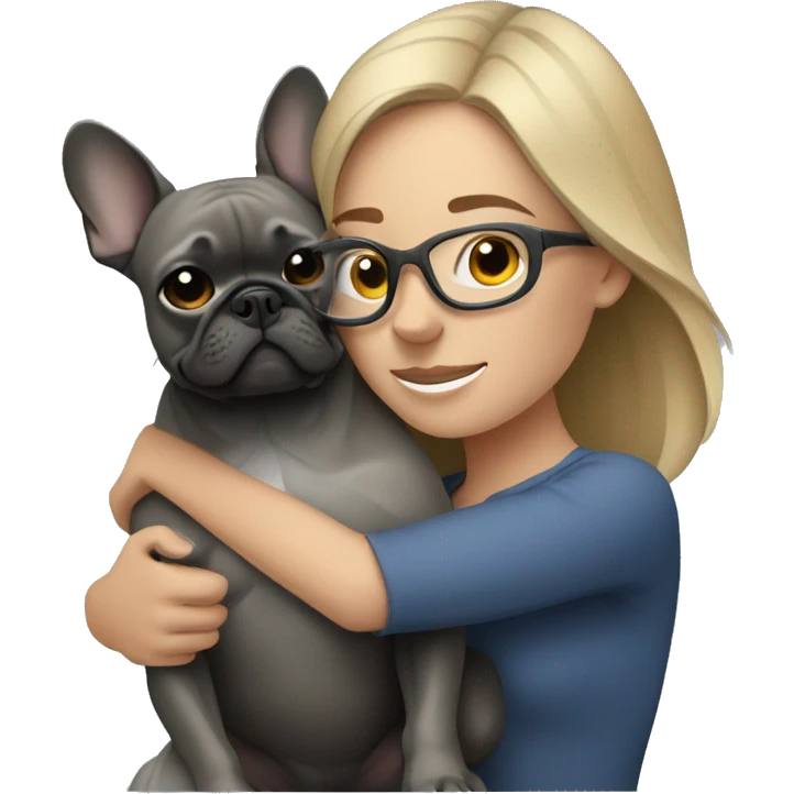 dark blonde woman with gray glasses hugging dark gray french bulldog emoji