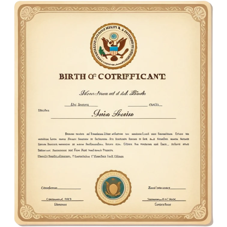 Birth certificate document with name, date of birth, and official seal emoji