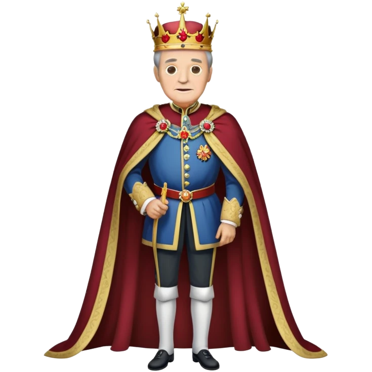Full body of elderly, thin Carlos I of Spain with brown hair, Habsburg king standing in royal attire with crown, cape, and prominent jaw emoji