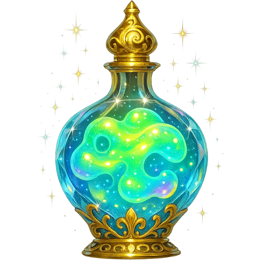 premium class crystal elixir bottle like liquid glowing slime, bright colors, lots of shine, edges, ornaments, golden details, magical effects, very small golden neck, transparent background, beautiful seamless bottom, bottle clearly floating in air, no base or shadow, very luxurious, playful, matching collection emoji