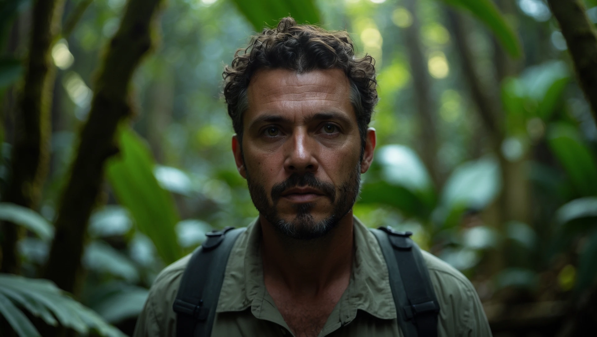 cinematic still, documentary photography, amazon jungle, well lit scene, man is exploring the jungle, close up, front shot, rule of thirds emoji