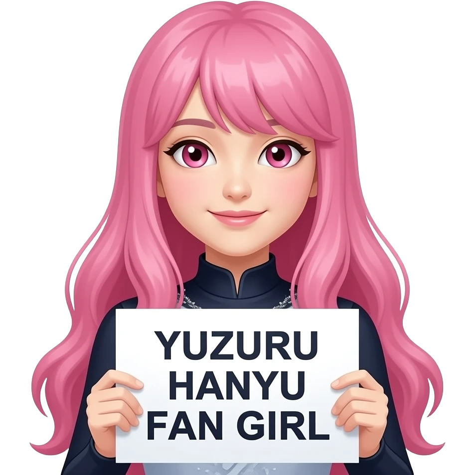 sexy girl with long pink hair and pink eyes holding YUZURU HANYU FAN GIRL sign emoji