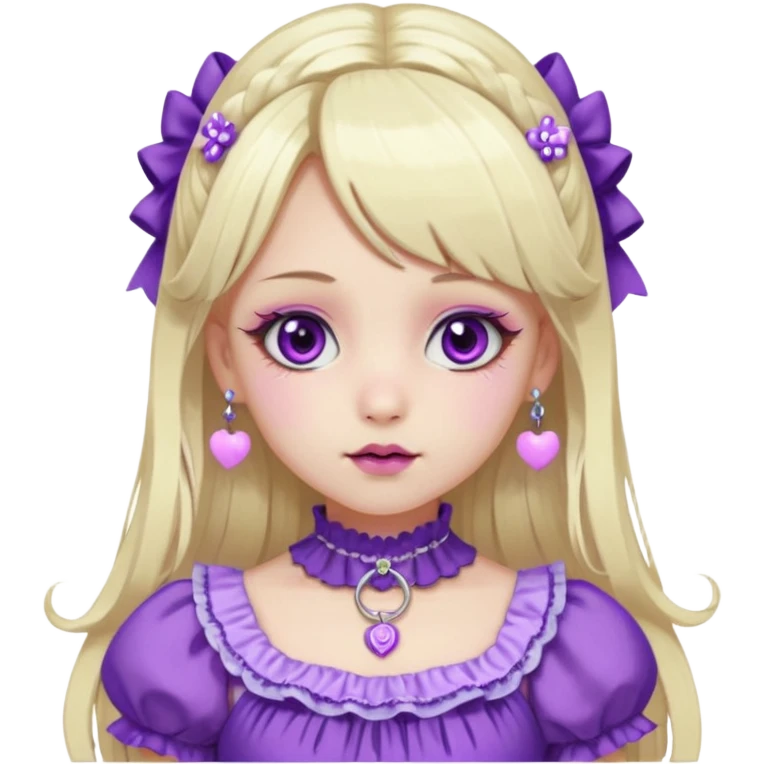 Ai pale girl , who has straight long length blonde and purple swirled hair , hazel eyes , and doll like makeup , with a septum piercing, nostril piercing, in a purple lolita hime gyaru dress emoji emoji