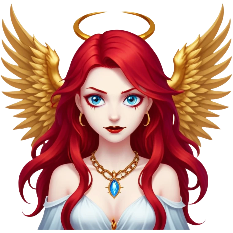 extremely diabolical girl with massive towering wings, very long flowing blood red hair, glowing blue eyes, black hellfire aura, no horns, evil grin, gold necklace emoji