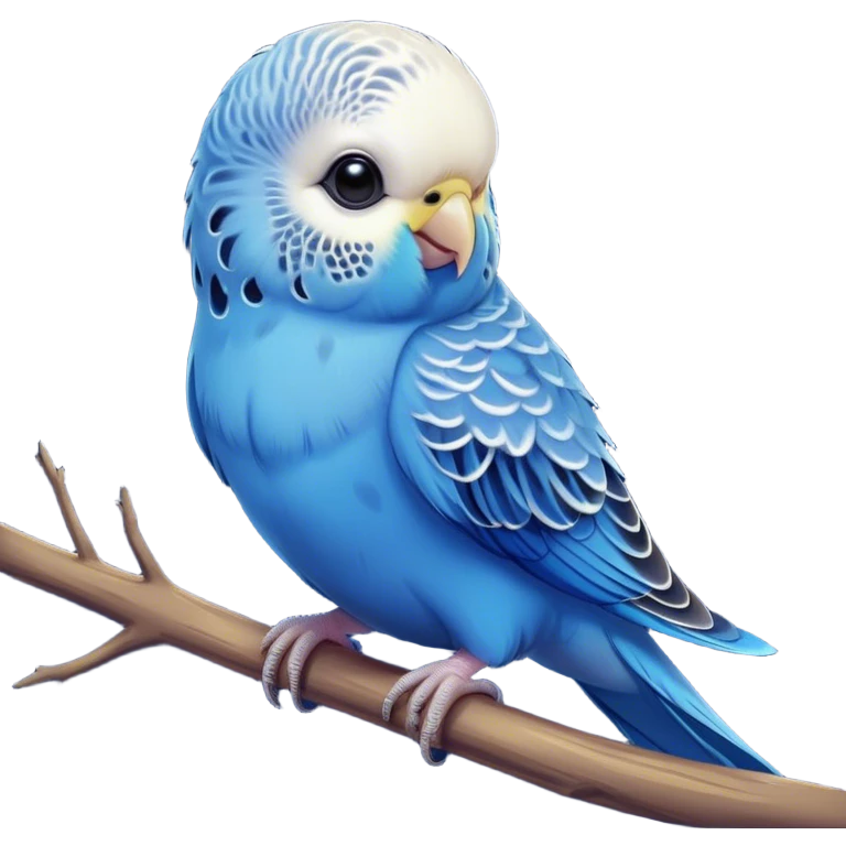 Cinematic Cute Blue Budgie Portrait Emoji, Head tilted playfully and inquisitively, featuring a brilliant blue feathered fur with a natural sheen, round, sparkling dark eyes filled with curiosity, Simplified yet irresistibly adorable features, highly detailed, glowing with a warm, friendly glow, high shine, affectionate and lively, stylized with a touch of whimsy, bright and endearing, soft glowing outline, capturing the essence of a mischievous yet loving budgie, so playful it feels like it could chirp out of the screen and into your arms! emoji
