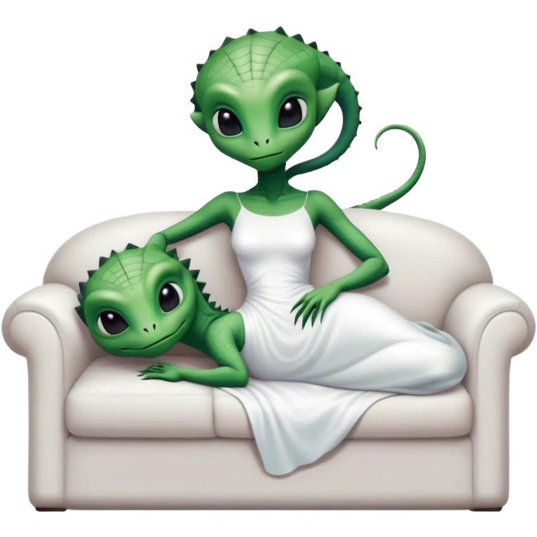 a reptilian alien woman, in white dress, lie on couch comfy, full figure emoji