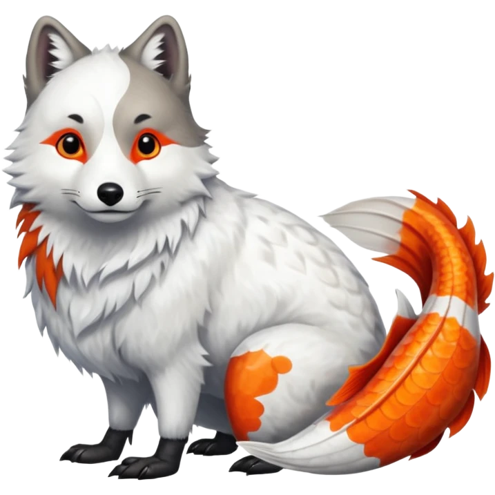 Asian Painted Fluffy Realistic Rock-Ptarmigan-Arctic-Wolf-Koi-Fish-Animal-hybrid, full body, with red marking over eye emoji