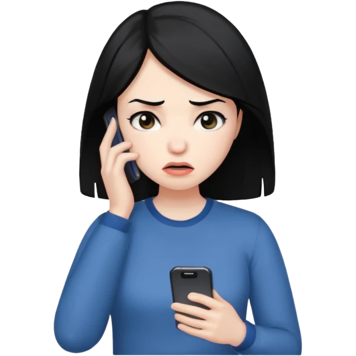 Woman with black hair upset at phone  emoji