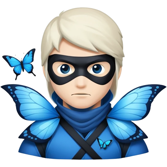 Crea una imagen con estos dos emoji 🥷🏻🦋
él ninja de piel blanca con la mariposa azu posada en el hombro como si estuviera volando. emoji