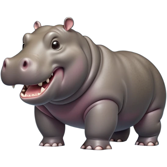 cinematic-hippo-realistic-full-body side view-standing on all fours-emoji,-massive-round-frame,-wide-mouthed-grin-exposing-huge-teeth,-head-tilted-dramatically,-thick-greyish-brown-hide-glossy-from-water,-simplified-yet-realistic-focused-features,-highly-detailed,-glowing-with-an-almost-sarcastic-glow showing only 4 theeth emoji